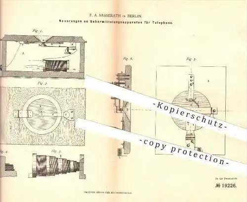 original Patent - F. A. Sasserath , Berlin , 1880, Übermittlungsapparat für Telefone , Telefon , Telefonie , Transmitter