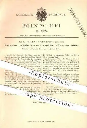 original Patent - Emil Rudolph , Olbernhau , 1882 , Befestigen von Einlegeböden in Verpackungskisten , Transport !!!