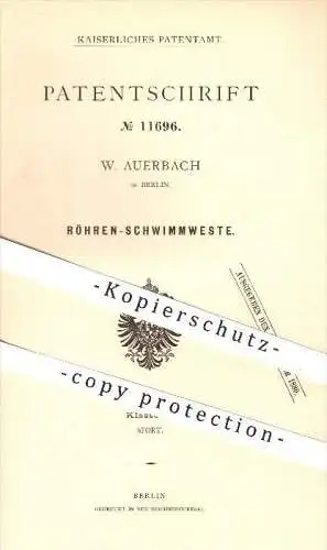 original Patent - W. Auerbach in Berlin , 1880 , Röhren - Schwimmweste , Schwimmwesten , Weste , Schwimmen , Sport !!!