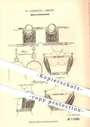 original Patent - W. Auerbach in Berlin , 1880 , Röhren - Schwimmweste , Schwimmwesten , Weste , Schwimmen , Sport !!!