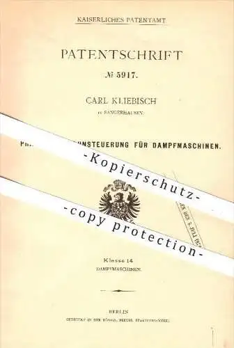 original Patent - Carl Kliebisch , Sangerhausen , 1878 , Hahn - Steuerung für Dampfmaschinen , Dampfmaschine , Motor !!!