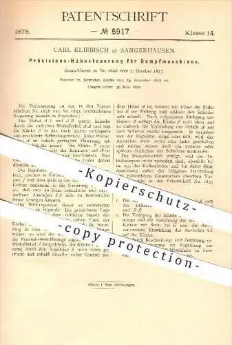 original Patent - Carl Kliebisch , Sangerhausen , 1878 , Hahn - Steuerung für Dampfmaschinen , Dampfmaschine , Motor !!!