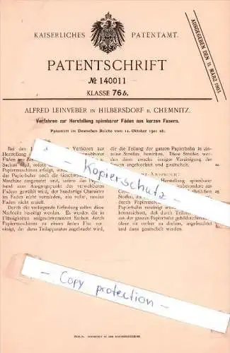 Original Patent -  A. Leinveber in Hilbersdorf b. Chemnitz , 1901 , !!!