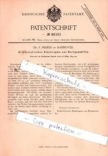 Original Patent - Dr. F. Heeren in Hannover , 1895 , Elektrolytisches Diaphragma !!!