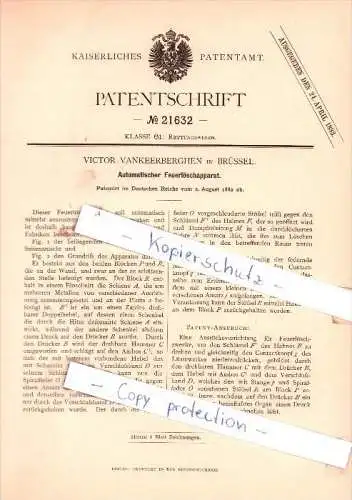 Original Patent - Victor Vankeerberghen in Brüssel , 1882 , Automatischer Feuerlöschapparat , Bruxelles , Feuerwehr !!!