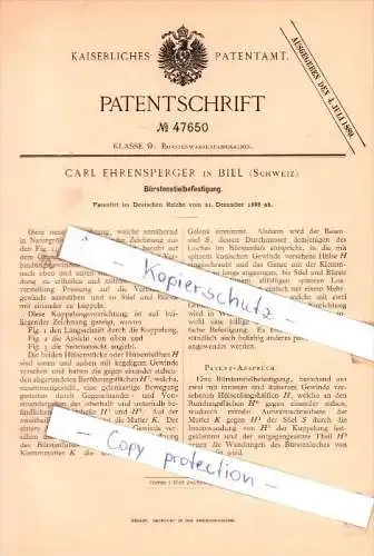 Original Patent - Carl Ehrensperger in Biel / Bienne  , 1888 , Bürstenstielbefestigung !!!