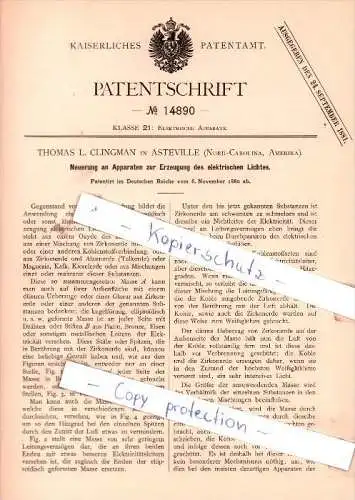 Original Patent - Thomas L. Clingman in Asteville , Nord-Carolina, Amerika , 1880 ,  !!!