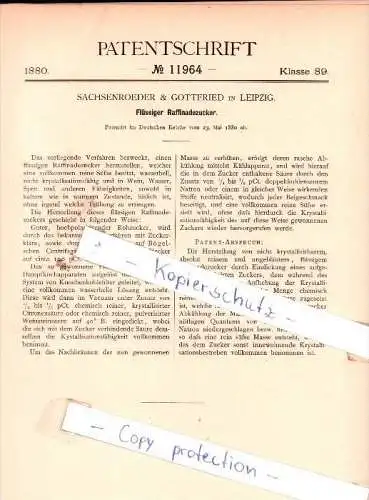 Original Patent - Sachsenroeder & Gottfried in Leipzig , 1880 , Flüssiger Raffinadezucker !!!