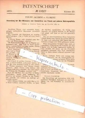 Original Patent - Philipp Artimini in Florenz / Firenze , 1879 , Anwendung der Bor-Weinsäure !!!