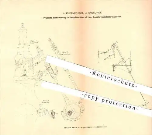 original Patent - A. Knoevenagel in Hannover , 1878 , Ventilsteuerung für Dampfmaschinen , Regulator , Expansion !!!