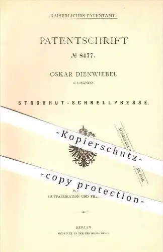 original Patent - Oskar Dienwiebel in Liegnitz / Legnica , 1879 , Strohhut - Schnellpresse , Hut , Presse , Schlesien !!