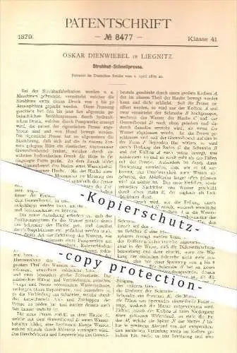 original Patent - Oskar Dienwiebel in Liegnitz / Legnica , 1879 , Strohhut - Schnellpresse , Hut , Presse , Schlesien !!