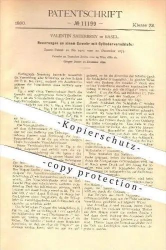 original Patent - Valentin Sauerbrey in Basel , 1880 , Gewehr mit Zylinderverschluss , Gewehre , Waffen , Geschosse !!!