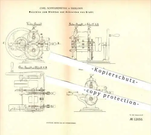 original Patent - C. Schwanemeyer , Iserlohn , 1880, Richten & Schneiden von Draht , Drähte , Metall , Metallbearbeitung