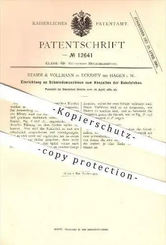 original Patent - Stamm & Vollmann in Eckesey bei Hagen i. W. , 1880 , Schmiedemaschine , Schmieden , Schmied , Stahl !!