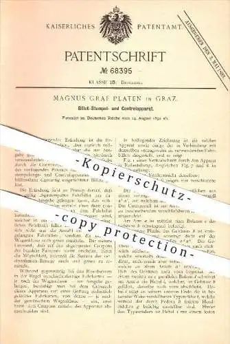 original Patent - Magnus Graf Platen , Graz , 1892, Billet - Stempel - & Kontrollapparat , Druck , Druckerei , Buchdruck