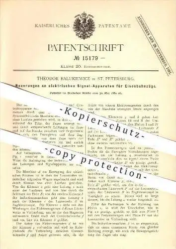 original Patent - Theodor Balukiewicz in St. Petersburg , 1880 , Signal für Eisenbahnen , Eisenbahn , Russland !!!