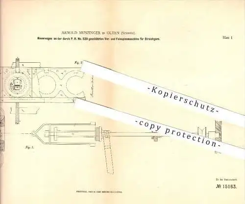 original Patent - A. Munzinger in Olten , 1880 , Spinnmaschine für Streichgarn , Spinnen , Spinnerei , Garn , Spinnrad !