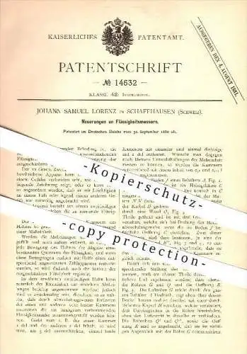 original Patent - Johann Samuel Lorenz , Schaffhausen  , 1880 , Flüssigkeitsmesser , Flüssigkeiten , Messen , Maßeinheit