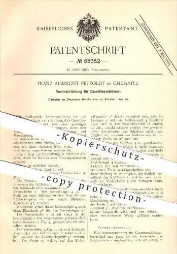 original Patent - Franz Albrecht Petzoldt in Chemnitz , 1892 , Vexiervorrichtung für Kessettenschlösser , Schloss , Tür