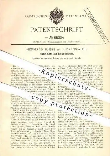 original Patent - Hermann Johst in Luckenwalde , 1892 , Filzhut - Glätt- u. Schleifmaschine , Hut , Hüte, Modist , Filz