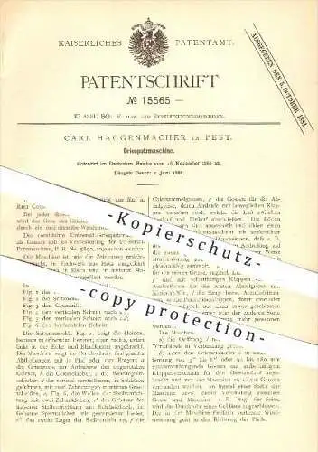 original Patent - Carl Haggenmacher in Pest , 1888 , Griesputzmaschine , Mühle , Mühlen , Müller , Gries , Getreide !!