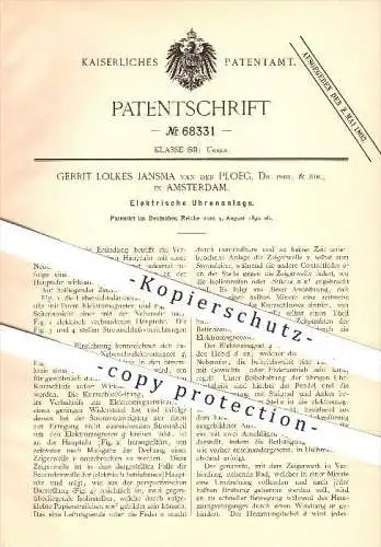 original Patent - Gerrit Lolkes Jansma van der Ploeg , Dr. Phil. & Jur. , Amsterdam , 1892 , Elektrische Uhren , Uhr !!!