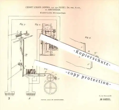 original Patent - Gerrit Lolkes Jansma van der Ploeg , Dr. Phil. & Jur. , Amsterdam , 1892 , Elektrische Uhren , Uhr !!!