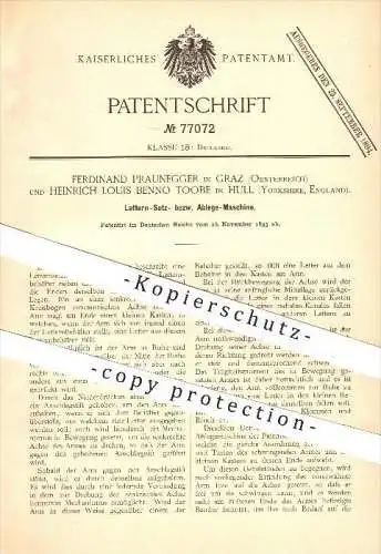 original Patent - F. Praunegger in Graz , Heinrich L. B. Toobe in Hull , Yorkshire , England , 1893 , Letter , Druck !