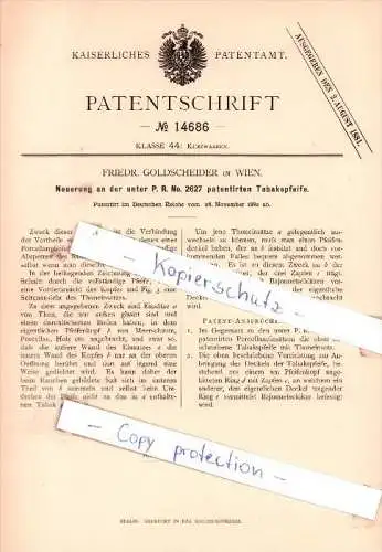 Original Patent - Friedr. Goldscheider in Wien , 1880 , Neuerung an der Tabakspfeife !!!