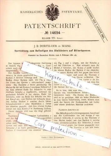 Original Patent - J. B. Dorfelder in Mainz , 1881 , Befestigen des Stoßleders auf Billardqueues , Billard !!!