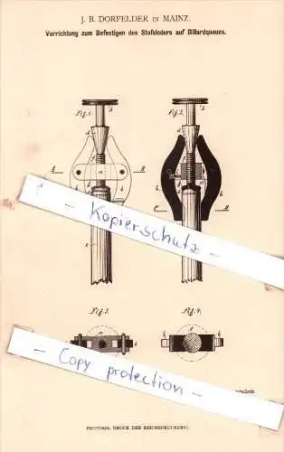 Original Patent - J. B. Dorfelder in Mainz , 1881 , Befestigen des Stoßleders auf Billardqueues , Billard !!!