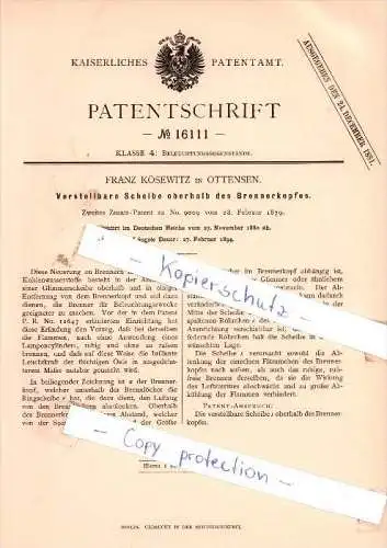 Original Patent -  F. Kösewitz in Ottensen b. Hamburg , 1880 ,  Scheibe oberhalb des Brennerkopfes !!!