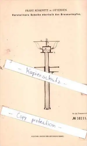 Original Patent -  F. Kösewitz in Ottensen b. Hamburg , 1880 ,  Scheibe oberhalb des Brennerkopfes !!!