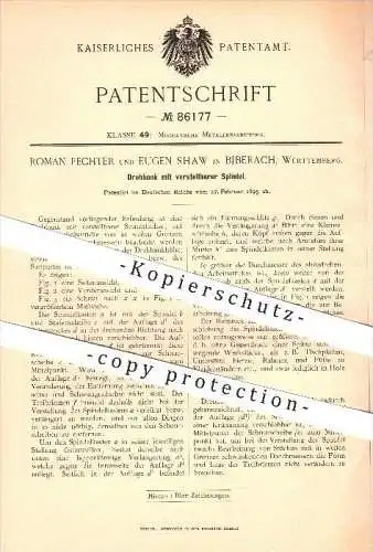 original Patent - Roman Fechter und Eugen Shaw in Biberach , 1895 , Drehbank mit verstellbarer Spindel , Dreher , Metall