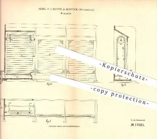 original Patent -  F.J. Ritter in Rostock i. Mecklenburg , 1881, Pissoir , WC , Toilette , Wasserleitung , Sanitäranlage