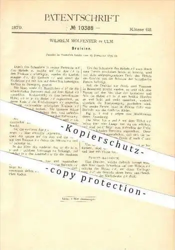 original Patent - Wilhelm Molfenter in Ulm , 1879 , Draisine , Fahrzeug , Fahrzeugbau , Wagenbau !!!