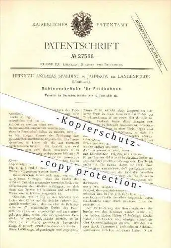 original Patent - Heinrich Spalding in Jahnkow b. Glewitz i. Mecklenburg , 1883, Schienenbrücke für Feldbahn , Franzburg