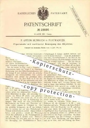 original Patent - F. Anton Hubbuch in Furtwangen , 1884 , Figurenuhr , Uhr , Uhren , Uhrmacher , Uhrwerk !!!