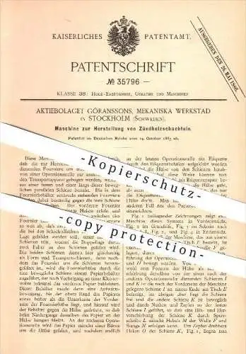 original Patent - Aktiebolaget Göranssons , Mekaniska Werkstad in Stockholm , Schweden , 1885 , Zündholzschachtel , Holz