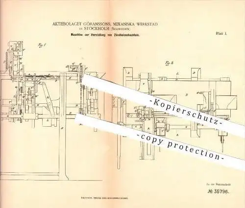 original Patent - Aktiebolaget Göranssons , Mekaniska Werkstad in Stockholm , Schweden , 1885 , Zündholzschachtel , Holz