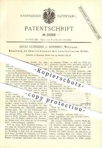 original Patent - Adolf Schneider in Arnsberg , 1885 , Charrierkluppen mit verstellbarem Stahl , Ton , Stein , Eisen