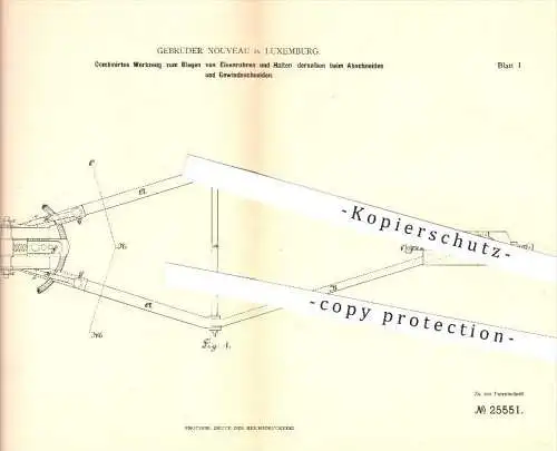 original Patent - Gebrüder Nouveau in Luxemburg , 1883 , Werkzeug zum Biegen von Eisenrohren , Gewinde , Metall , Eisen