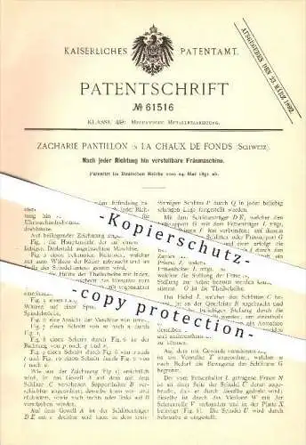 original Patent - Zacharie Pantillon in La Chaux de Fonds , Schweiz , 1891 , verstellbare Fräsmaschine , Fräsen , Metall