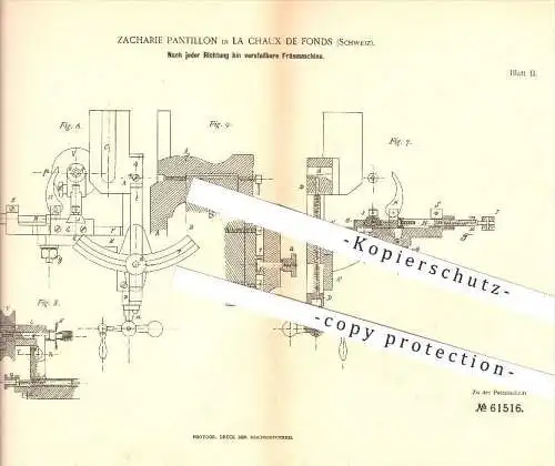 original Patent - Zacharie Pantillon in La Chaux de Fonds , Schweiz , 1891 , verstellbare Fräsmaschine , Fräsen , Metall