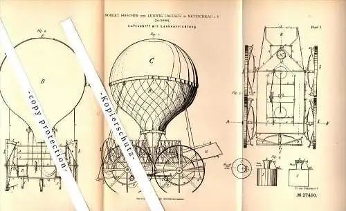 Original Patent - R. Hascher und L. Laetsch in Netzschkau i.V. , 1883 , Luftschiff mit Lenkung , Ballon , Flugapparat !!