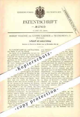 Original Patent - R. Hascher und L. Laetsch in Netzschkau i.V. , 1883 , Luftschiff mit Lenkung , Ballon , Flugapparat !!