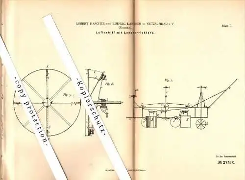 Original Patent - R. Hascher und L. Laetsch in Netzschkau i.V. , 1883 , Luftschiff mit Lenkung , Ballon , Flugapparat !!