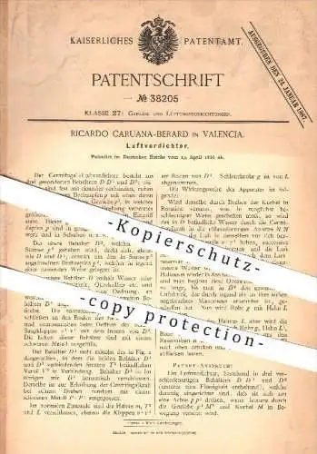 original Patent - Ricardo Caruana-Berard in Valencia , 1886 , Luftverdichter , Gebläse , Lüftung , Luft , Verdichter !!!