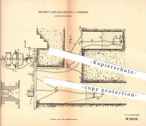 original Patent - Ricardo Caruana-Berard in Valencia , 1886 , Luftverdichter , Gebläse , Lüftung , Luft , Verdichter !!!